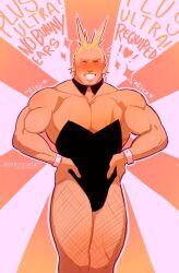 Rule 34 | 1boy, absurdres, all might, antenna hair, bara, black leotard, blonde hair, boku no hero academia, bulge, crossdressing, detached collar, fishnet pantyhose, fishnets, hair slicked back, hands on own hips, happy aura, heart, highres, large pectorals, leotard, male focus, male playboy bunny, mature male, muscular, muscular male, pantyhose, pectoral cleavage, pectorals, short hair, smile, solo, sparkle, stormcallart, thick eyebrows, thick thighs, thighs, wrist cuffs