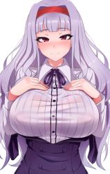 Rule 34 | 1girl, blush, breasts, hairband, highres, idolmaster, idolmaster (classic), large breasts, looking at viewer, nigane, purple eyes, shijou takane, silver hair, smile, solo, upper body, white background
