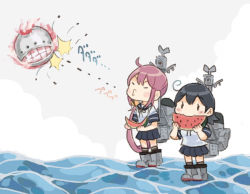 Rule 34 | 2girls, abyssal ship, ahoge, akebono (kancolle), black hair, black sailor collar, black skirt, character request, commentary request, eating, food, fruit, holding, holding food, holding fruit, kantai collection, long hair, machinery, multiple girls, pleated skirt, purple hair, saiguchi otoufu, sailor collar, side ponytail, skirt, spitting, standing, standing on liquid, ushio (kancolle), very long hair, watermelon