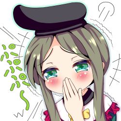 Rule 34 | +++, 1girl, absurdres, artist request, blush, covering own mouth, frills, green eyes, green hair, hat, hidden star in four seasons, highres, looking at viewer, outline, parted bangs, puff of air, short hair with long locks, simple background, smile, solo, tate eboshi, teireida mai, touhou, translation request, trembling, upper body, white background, yanmaa (yanmar195)