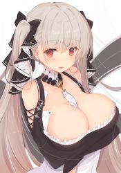 Rule 34 | 1girl, azur lane, bare shoulders, between breasts, black dress, blush, breast hold, breasts, cleavage, collarbone, commentary request, dress, earrings, formidable (azur lane), frilled dress, frills, grey hair, hair ribbon, highres, jewelry, kagerou (shadowmage), large breasts, long hair, long sleeves, looking at viewer, open mouth, red eyes, ribbon, simple background, smile, solo, twintails, two-tone dress, two-tone ribbon, very long hair, white background