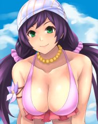 Rule 34 | 10s, 1girl, absurdres, breasts, cleavage, green eyes, highres, jewelry, large breasts, long hair, looking at viewer, love live!, love live! school idol project, natsuiro egao de 1 2 jump!, necklace, purple hair, smile, solo, tojo nozomi, twintails, upper body, yashichii