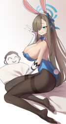 Rule 34 | 1boy, 1girl, :d, absurdres, animal ears, doodle sensei (blue archive), ass, asuna (blue archive), asuna (bunny) (blue archive), bare back, bare shoulders, bed sheet, black pantyhose, blue archive, blue eyes, blue leotard, bow, breasts, brown hair, cleavage, collarbone, commentary request, detached collar, elbow gloves, fake animal ears, fake tail, full body, gloves, grin, hair bow, hair over one eye, hair ribbon, hairband, halo, highleg, highleg leotard, highres, large breasts, leotard, long hair, looking at viewer, no shoes, official alternate costume, open mouth, pantyhose, playboy bunny, rabbit ears, rabbit tail, ribbon, sensei (blue archive), sidelocks, simple background, sitting, sleeveless, smile, soles, strapless, strapless leotard, tail, toes, v, white background, white gloves, xiamu chiyu