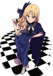 Rule 34 | 1girl, blonde hair, blue cape, blue dress, blue ribbon, blush, breasts, brooch, cape, checkered floor, cloak, closed mouth, dress, drill hair, fate (series), flower, hair flower, hair ornament, hair ribbon, hands on own hips, highres, jewelry, long hair, looking at viewer, lord el-melloi ii case files, luviagelita edelfelt, medium breasts, neck ribbon, parted bangs, revision, ribbon, shadow, smile, solo, white background, white footwear, yellow eyes, yuukami (wittsu)