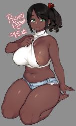 Rule 34 | 1girl, agawa ryou, belly, black hair, breasts, commentary, covered erect nipples, crop top, curvy, dark-skinned female, dark areolae, dark nipples, dark skin, dated, denim, denim shorts, english commentary, flashing, full body, green eyes, grey background, hair ribbon, halterneck, large breasts, light areolae, looking at viewer, medium hair, midriff, muffin top, navel, nipple slip, nipples, no bra, one breast out, original, red ribbon, ribbon, ringlets, seiza, short shorts, shorts, side ponytail, signature, sitting, smile, solo, swept bangs, thick thighs, thighs, very dark skin