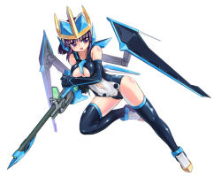 Rule 34 | 1girl, breasts, cameltoe, costume, covered erect nipples, creatures (company), empoleon, game freak, gen 4 pokemon, gun, homura subaru, large breasts, navel, nintendo, personification, pokemon, purple eyes, purple hair, short hair, simple background, solo, thighhighs, weapon, white background