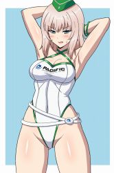 Rule 34 | 1girl, armpits, arms behind head, blonde hair, blue background, blue eyes, blush, border, breasts, cleavage, covered navel, girls und panzer, hat, highleg, highres, itsumi erika, large breasts, leotard, muchabou, open mouth, presenting armpit, race queen, shiny skin, short hair, simple background, solo, white border, white leotard