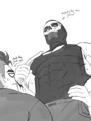 Rule 34 | 2boys, absurdres, artist name, asymmetrical hair, bara, call of duty, call of duty: modern warfare 2, covered abs, covered navel, dopanin, english text, ghost (modern warfare 2), greyscale, highres, holding, holding towel, large pectorals, looking at another, male focus, mask, monochrome, multiple boys, muscular, muscular male, pants, pectorals, short hair, sidecut, skull mask, soap (modern warfare 2), tank top, towel, towel on one shoulder, undercut