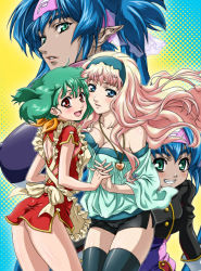 Rule 34 | 00s, 3girls, ass, backless outfit, bare shoulders, blonde hair, blue eyes, blue hair, blush, breast press, breasts, cleavage, covered erect nipples, dual persona, green eyes, green hair, hairband, headband, iyou, klan klein, large breasts, long hair, macross, macross frontier, medium breasts, miniskirt, multiple girls, off shoulder, open mouth, pointy ears, ranka lee, red eyes, sheryl nome, shiny skin, short hair, skirt, small breasts, thighhighs, thighs, twintails, very long hair, yukkyun