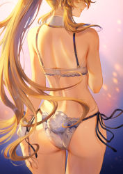 Rule 34 | 1girl, artoria pendragon (all), artoria pendragon (fate), artoria pendragon (swimsuit ruler) (fate), ass, back, bare arms, bare back, bare shoulders, blonde hair, bra, detached collar, fake tail, fate/grand order, fate (series), from behind, gradient background, highres, lace, lace-trimmed bra, lace trim, mashuu (neko no oyashiro), panties, parted lips, purple background, rabbit tail, side-tie panties, sidelocks, solo, tail, thigh gap, underwear, underwear only, white bra, white panties, wrist cuffs