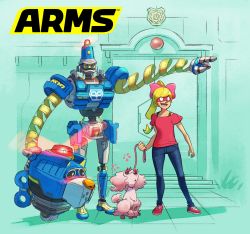 Rule 34 | 1girl, 2boys, aqua background, arms (game), barq, blonde hair, byte (arms), denim, highres, jeans, leash, logo, mask, multiple boys, nintendo, official art, open mouth, pants, pointing, ponytail, poodle, red shirt, robot, rotating light, shirt, simple background, smile, yamamoto yuu