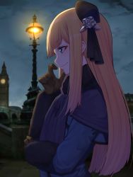 Rule 34 | 1girl, blonde hair, blue eyes, blush, brown gloves, commentary request, elizabeth tower, fate/grand order, fate (series), from side, gloves, hat, highres, lamp, long hair, long sleeves, mikan (chipstar182), night, outdoors, reines el-melloi archisorte, smile, solo