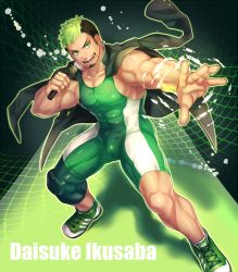Rule 34 | 1boy, bara, bare pectorals, black hair, bulge, character name, covered abs, dark-skinned male, dark skin, english text, facial hair, full body, goatee, gozu farm, green eyes, green hair, highres, holding, holding microphone, ikusaba daisuke, jacket, jacket on shoulders, large pectorals, male focus, microphone, multicolored hair, muscular, pectorals, shoes, short hair, sideburns, skin tight, sneakers, solo, taurus mask, thick thighs, thighs, tight clothes, tokyo houkago summoners, two-tone hair, wrestling outfit