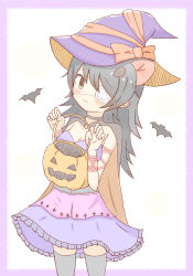 Rule 34 | 1girl, animal, animal ears, australian devil (kemono friends), bat (animal), black cape, black choker, black hair, black thighhighs, blush, breasts, brown cape, brown eyes, cape, choker, cleavage, closed mouth, commentary request, dress, eyepatch, frilled dress, frills, halloween bucket, hands up, hat, highres, holding, kemono friends, looking at viewer, medical eyepatch, medium breasts, purple background, purple dress, purple hat, solo, standing, strapless, strapless dress, sunanuko (ramuneko), thighhighs, two-tone background, wavy mouth, white background, witch hat