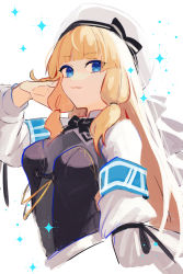 Rule 34 | 1girl, absurdres, arm at side, armband, assault lily, beret, black bow, black bowtie, black ribbon, black shirt, blonde hair, blue hair, blunt bangs, bow, bowtie, breasts, closed mouth, cropped torso, hair flip, hand up, hat, hat ribbon, highres, light smile, long hair, long sleeves, looking at viewer, medium breasts, ribbon, shirt, shrug (clothing), sidelocks, sketch, sleeve ribbon, solo, sparkle, striped ribbon, tachihara sayu, tia (cocorosso), upper body, v-shaped eyebrows, very long hair, white background, white hat