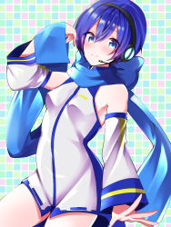 Rule 34 | 1girl, blue eyes, blue hair, blue nails, blue scarf, blue white clothes, fanloid, hand up, highres, kaiko, looking at viewer, nail polish, scarf, smile, vocaloid, white blue