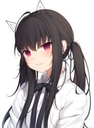 Rule 34 | 1girl, ahoge, amashiro natsuki, bad id, bad pixiv id, black bow, black hair, blush, bow, closed mouth, collared shirt, commentary, drawn ears, hair between eyes, highres, long hair, looking at viewer, original, red eyes, shirt, sidelocks, simple background, smile, solo, symbol-only commentary, twintails, upper body, white background, white shirt