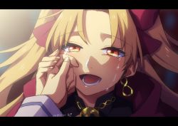 Rule 34 | 1girl, :d, blonde hair, blush, crying, crying with eyes open, dated, earrings, ereshkigal (fate), fate/grand order, fate (series), forehead, fujimaru ritsuka (male), hair ribbon, hand on another&#039;s face, happy, happy tears, jewelry, letterboxed, light, long hair, long sleeves, looking at viewer, necklace, open mouth, parted bangs, portrait, red eyes, red ribbon, ribbon, signature, skull, smile, solo focus, tears, tohsaka rin, tsurime, twintails, upper body, wiping tears, yuino (kazuta)