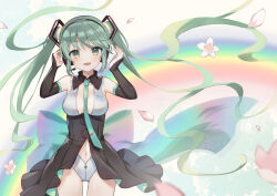 Rule 34 | 1girl, ahase hino, between breasts, blue eyes, blush, breasts, clothing cutout, cowboy shot, elbow gloves, falling petals, floating hair, flower, gloves, hair ornament, hands on headphones, hands up, hatsune miku, headphones, headset, highres, leotard, looking at viewer, medium breasts, navel, necktie, necktie between breasts, open mouth, petals, rainbow, showgirl skirt, smile, solo, straight-on, twintails, vocaloid, wind