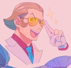 Rule 34 | 1boy, :d, ;d, absurdres, ace attorney, aviator sunglasses, blue necktie, blush, bobby fulbright, brown hair, collared shirt, cropped shoulders, gloves, hair slicked back, highres, lapels, looking at viewer, male focus, necktie, one eye closed, open mouth, ouse (otussger), phoenix wright: ace attorney - dual destinies, pink background, portrait, red shirt, salute, shirt, short hair, sidelocks, simple background, smile, solo, sparkle, striped clothes, striped shirt, sunglasses, teeth, tinted eyewear, two-finger salute, upper teeth only, vertical-striped clothes, vertical-striped shirt, white gloves, yellow-tinted eyewear