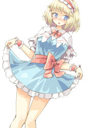 Rule 34 | 1girl, alice margatroid, arnest, blonde hair, blue dress, blue eyes, blush, bow, bowtie, capelet, collared shirt, dress, dutch angle, frilled dress, frills, hairband, highres, lolita hairband, looking at viewer, nose blush, open mouth, puffy short sleeves, puffy sleeves, red bow, red neckwear, red sash, sash, shirt, short dress, short hair, short sleeves, skirt hold, thighs, touhou, white background, white capelet, white shirt, wristband