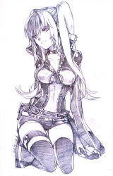 Rule 34 | 1girl, bad id, bad pixiv id, belt, boots, breasts, choker, d.gray-man, female focus, head tilt, kistina, lenalee lee, long hair, monochrome, popped collar, shorts, simple background, sitting, solo, thigh gap, thigh strap, thighhighs, traditional media, twintails, wariza, zipper