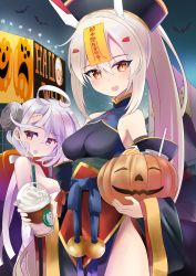 Rule 34 | 2girls, :d, absurdres, alternate costume, amulet, armpits, ayanami (azur lane), azur lane, bad id, bad pixiv id, bat (animal), breasts, candy, carrying, cleavage, commentary request, cup, disposable cup, drinking straw, food, grey eyes, halloween, halloween costume, hat, headgear, highres, holding, jack-o&#039;-lantern, jiangshi costume, lollipop, long hair, looking at viewer, manjirou (manji illust), multiple girls, object through head, open mouth, orange eyes, patch, ponytail, retrofit (azur lane), screw in head, short hair, silver hair, smile, terror (azur lane), terror (halloween terror) (azur lane), translation request