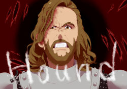 Rule 34 | 1boy, a song of ice and fire, angry, armor, beard, brown eyes, brown hair, clenched teeth, facial hair, fangs, game of thrones, kazahi tsubame, looking at viewer, male focus, mustache, sandor clegane, scar, short hair, solo, teeth, text focus, upper body