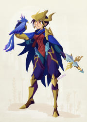 Rule 34 | 1girl, animal on arm, armor, bird, bird on arm, bow (weapon), breastplate, cape, crossbow, forehead protector, greaves, inkinesss, league of legends, purple hair, quinn (league of legends), short hair, narrow waist, valor (league of legends), weapon, yellow eyes