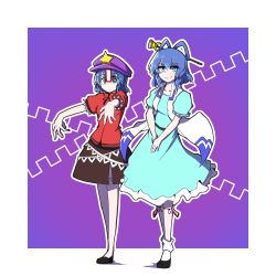 Rule 34 | 2girls, black skirt, blue dress, blue eyes, blue hair, border, bright pupils, cabbie hat, closed mouth, dress, drill hair, drill sidelocks, full body, hair ornament, hair rings, hair stick, hat, hat ornament, highres, hurin raika, jiangshi, kaku seiga, looking at viewer, medium hair, miyako yoshika, multiple girls, ofuda, one-hour drawing challenge, open clothes, open vest, outline, outside border, outstretched arms, petticoat, puffy short sleeves, puffy sleeves, purple headwear, red shirt, shirt, short sleeves, sidelocks, skirt, smile, standing, star (symbol), star hat ornament, touhou, v arms, vest, white border, white outline, white vest, zombie pose