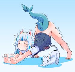 Rule 34 | 1girl, animal ears, ass, bare legs, barefoot, blue dress, blue eyes, blue hair, bottomless, cat, cat ears, closed eyes, closed mouth, clothes lift, dress, feet, fingernails, fins, fish tail, gawr gura, hololive, hololive english, holomyth, legs, moral cacoethes, multicolored hair, nail polish, no panties, shark tail, stretching, tagme, tail, tail raised, toenail polish, toenails, toes, two-tone hair, virtual youtuber, white hair