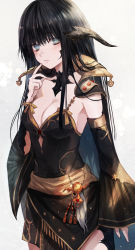 Rule 34 | 1girl, arm at side, au ra, warrior of light (ff14), black hair, blue eyes, breasts, cape, cleavage, collarbone, commentary, cowboy shot, detached sleeves, dragon horns, final fantasy, final fantasy xiv, finger to cheek, from side, grey background, hand up, highres, horns, light blush, long hair, long sleeves, looking at viewer, maho moco, medium breasts, scales, solo, standing, straight hair, wide sleeves