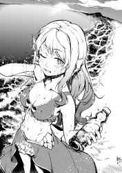 Rule 34 | 1girl, absurdres, beach, bikini, bikini skirt, breasts, cleavage, cloud, doris (hololive), fins, from above, greyscale, head fins, highres, hololive, hololive china, huge filesize, looking to the side, midriff, monochrome, navel, one eye closed, open mouth, qingwa chi she, sky, solo, swimsuit, virtual youtuber, walking, wet
