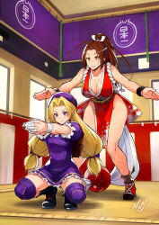Rule 34 | arm guards, bandaged fingers, bandaged wrist, bandages, bare shoulders, beret, blonde hair, blush, boots, breasts, brown eyes, brown hair, cleavage, dress, fatal fury, hat, high ponytail, highres, japanese clothes, knee pads, kujou non, long hair, medium breasts, multiple girls, ninja, open mouth, pelvic curtain, ponytail, puffy short sleeves, puffy sleeves, purple dress, purple eyes, purple headwear, revealing clothes, rope, shijou hinako, shiranui mai, short sleeves, sideboob, smile, snk, sumo, the king of fighters, thighs, twintails