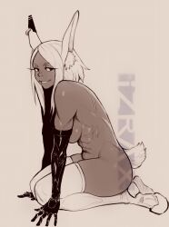 Rule 34 | 1girl, abs, animal ear fluff, animal ears, arm support, artist name, beige background, boku no hero academia, breasts, commentary, dark-skinned female, dark skin, earrings, english commentary, female focus, full body, highres, izra, jewelry, large breasts, limited palette, linea alba, long eyelashes, looking at viewer, mechanical arms, mirko, muscular, muscular female, navel, nude, obliques, prosthesis, prosthetic arm, rabbit ears, rabbit girl, rabbit tail, reverse outfit, seductive smile, seiza, short hair with long locks, sideboob, simple background, single earring, sitting, sketch, smile, solo, tail, thighhighs, toned, watermark, white hair