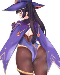 Rule 34 | 1girl, absurdres, artist request, ass, black hair, blush, cape, detached sleeves, embarrassed, from behind, genshin impact, gloves, green eyes, hat, highres, leotard, long hair, looking at viewer, looking back, mo xiaoran, mona (genshin impact), pantyhose, shiny clothes, solo, twintails