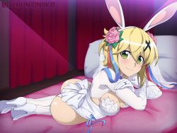 Rule 34 | 1girl, akatsuki kirika, animal ears, ass, bed, blonde hair, blush, bow, breasts, bridal veil, chuunioniika, cleavage, closed mouth, commission, crossed arms, fake animal ears, flower, gloves, green eyes, hair between eyes, hair flower, hair ornament, hair ribbon, high heels, highres, jewelry, legs together, leotard, looking at viewer, lying, medium breasts, on bed, on side, pillow, rabbit ears, ribbon, ring, senki zesshou symphogear, shiny skin, shoes, short hair, smile, solo, thighhighs, veil, wedding band, white footwear, white gloves, white heels, white leotard, white thighhighs, x hair ornament
