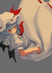 Rule 34 | 1girl, ascot, bat wings, blue hair, closed mouth, commentary request, feet out of frame, fujimi nao, grey background, hat, hat ribbon, highres, looking at viewer, mob cap, red ascot, red eyes, red ribbon, remilia scarlet, ribbon, shirt, short hair, simple background, skirt, skirt set, smile, solo, touhou, white hat, white shirt, white skirt, wings
