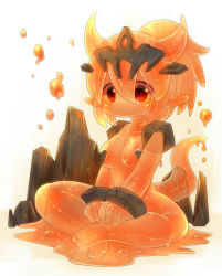 Rule 34 | 1girl, breasts, core, heart, horns, indian style, mofuaki, lava, monster girl, original, pointy ears, ponytail, red eyes, rock, short hair, sitting, slime girl, small breasts, smile, solo, tail, tiara, transparent