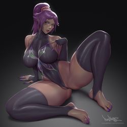 Rule 34 | 1girl, bare shoulders, black leotard, black skin, bleach, breasts, bug, butterfly, butterfly tattoo, cameltoe, cleft of venus, colored skin, curvy, dark-skinned female, dark skin, emblem, facial tattoo, from behind, highleg, highleg leotard, insect, jewelry, large breasts, leotard, long hair, nail polish, partially visible vulva, pinkdrawz, ponytail, purple hair, purple nails, ring, shihouin yoruichi, shiny clothes, shiny skin, sideboob, sitting, smile, solo, tattoo, thick thighs, thighhighs, thighs, thong leotard, thumb ring, toe ring, yellow eyes