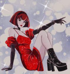 Rule 34 | 1girl, black gloves, black hairband, bob cut, brown eyes, dress, elbow gloves, gloves, hairband, highres, looking at viewer, megadeus mommy, r dorothy wayneright, red dress, red hair, red lips, short hair, sitting, sleeveless, sleeveless dress, solo, sparkle, sparkle background, the big o