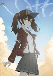 Rule 34 | 1girl, aircraft, airplane, between fingers, blue sky, brown eyes, brown hair, brown jacket, closed mouth, cloud, collared shirt, commentary request, contrail, day, dress shirt, grey hat, grey skirt, hair between eyes, hand on own hip, hat, highres, holding, jacket, jewelry, kantai collection, long hair, long sleeves, magatama, magatama necklace, necklace, nito (nshtntr), open clothes, open jacket, outdoors, pleated skirt, ryuujou (kancolle), shikigami, shirt, skirt, sky, smile, solo, suspender skirt, suspenders, twintails, visor cap, white shirt