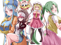 Rule 34 | 5girls, absurdres, arms up, back bow, baseball cap, blonde hair, blue eyes, blue hair, blue headwear, blue shorts, blush, bow, breasts, closed mouth, creatures (company), crossover, crystal, dragon quest, dragon quest iii, eyebrows hidden by hair, feet out of frame, finger to mouth, flandre scarlet, from behind, full body, game freak, gloves, green eyes, green hair, hat, hat ribbon, highres, higurashi no naku koro ni, hilda (pokemon), large breasts, long hair, long sleeves, looking at viewer, looking back, mahoro (minase mahoro), medium breasts, mitre, mob cap, multiple girls, necktie, nintendo, open mouth, orange eyes, pantyhose, pink skirt, pokemon, pokemon bw, ponytail, priest (dq3), puffy short sleeves, puffy sleeves, red ribbon, red skirt, red vest, ribbon, shirt, short sleeves, shorts, skirt, skirt set, smile, sonozaki mion, star butterfly, star vs the forces of evil, teeth, touhou, upper teeth only, upside-down, vest, white bow, white headwear, white shirt, wings, yellow gloves, yellow necktie, yellow vest
