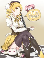 Rule 34 | 10s, 1girl, beret, blonde hair, boots, breasts, brown thighhighs, butt crush, cameltoe, charlotte (madoka magica), checkered floor, corset, crossed legs, cup, detached sleeves, drill hair, english text, fingerless gloves, floor, gloves, gradient background, gun, hair ornament, hairpin, hat, ina (gokihoihoi), kyubey, looking at viewer, magical girl, magical musket, mahou shoujo madoka magica, mahou shoujo madoka magica (anime), panties, pantyshot, pleated skirt, puffy sleeves, ribbon, rifle, shirt, sitting, sitting on person, skirt, smile, solo, striped clothes, striped thighhighs, taut clothes, taut shirt, tea, teacup, thighhighs, tomoe mami, twin drills, twintails, underwear, upskirt, vertical-striped clothes, vertical-striped thighhighs, weapon, yellow eyes