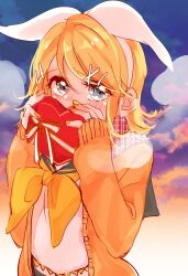 Rule 34 | 1girl, blonde hair, blue eyes, blue sky, bow, box, box of chocolates, breath, cardigan, cloud, cold, covering own mouth, dusk, hair bow, hair ornament, hairband, hairclip, happy valentine, heart-shaped box, highres, kagamine rin, midriff peek, mimi mine, neckerchief, open cardigan, open clothes, orange cardigan, orange sky, sailor collar, shirt, shorts, sky, sleeves past wrists, solo, twilight, valentine, vocaloid, white bow, white shirt, yellow nails, yellow neckerchief
