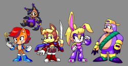 Rule 34 | 2boys, 3girls, absurdres, animal ears, antoine d&#039;coolette, blonde hair, bunnie rabbot, chipmunk girl, highres, jacket, multiple boys, multiple girls, nicole the holo-lynx, ponytail, rabbit ears, rabbit girl, red hair, rotor the walrus, sally acorn, sonic (series), sonic the hedgehog (classic), sword, thepinkgalaxy55, weapon