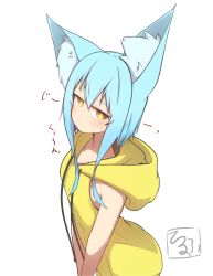 Rule 34 | 1girl, absurdres, animal ear fluff, animal ears, bare arms, blue hair, closed mouth, drawstring, highres, hood, hood down, hoodie, idaten93, jitome, long hair, looking at viewer, original, simple background, sleeveless, sleeveless hoodie, solo, terufu-chan, translation request, white background, yellow hoodie