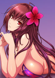 Rule 34 | 1girl, bikini, breast press, breasts, elbow rest, fate/grand order, fate (series), flower, flower on head, from side, gradient background, interlocked fingers, isse, large breasts, lips, long hair, looking at viewer, lying, on stomach, parted lips, purple background, red eyes, red hair, scathach (fate), scathach (fate/grand order), scathach (swimsuit assassin) (fate), sideboob, solo, swimsuit, untied bikini, upper body