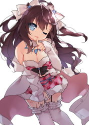 Rule 34 | 10s, 1girl, ;), blue eyes, blush, bow, breasts, brown hair, cleavage, female focus, hair bow, ichinose shiki, idolmaster, idolmaster cinderella girls, large breasts, long hair, long sleeves, looking at viewer, one eye closed, saru, simple background, skirt, smile, solo, thighhighs, white background, white thighhighs, zettai ryouiki