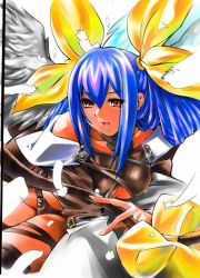 Rule 34 | 1girl, :d, arc system works, bare shoulders, black thighhighs, blue eyes, blue hair, blush, clothing cutout, collarbone, dizzy (guilty gear), feathers, groin, guilty gear, hair between eyes, hair ribbon, long hair, lying, matching hair/eyes, on stomach, open mouth, over-kneehighs, red eyes, ribbon, smile, solo, tail, thighhighs, thighs, underboob cutout, very long hair, wings